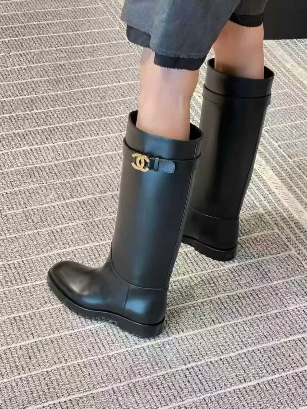 CHANEL 26B Black Tall  Boots with Gold CC Hardware Size 42